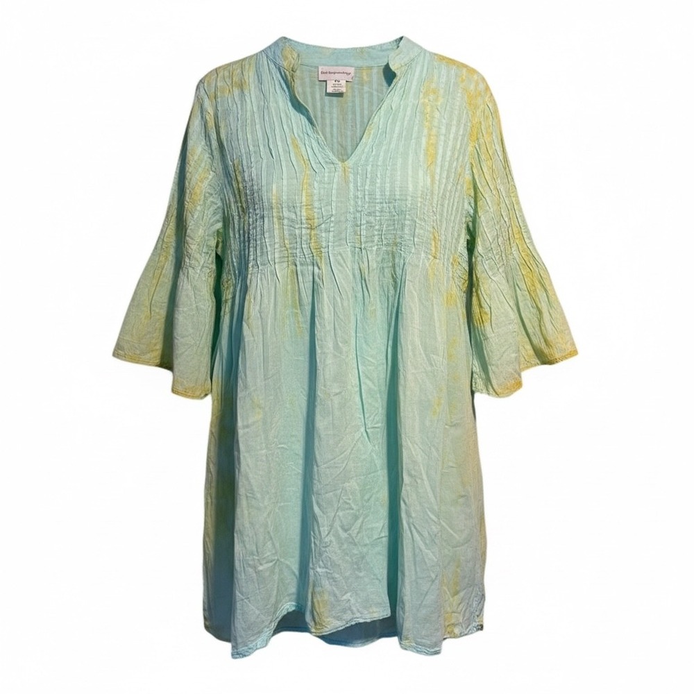 Soft Surroundings Marbella Boho Crinkle Tunic Dress Aqua Yellow Sz S Petite